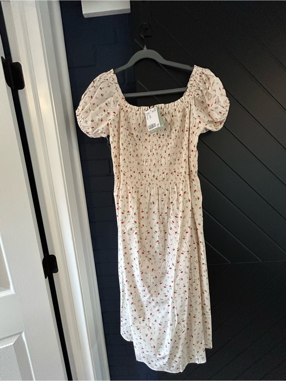 Cream Floral Smocked Midi Dress with Puff Sleeves